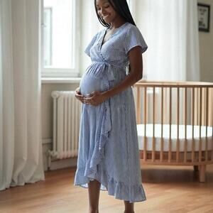 Love Delirious Maternity Maxi Dress Size S Blue Striped Tie Waist Ruffle Coastal